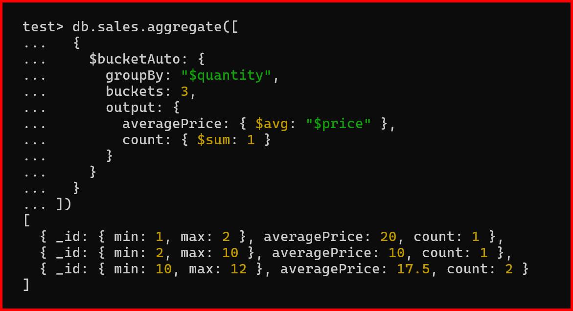 Picture showing the output of $bucketauto aggregate stage in mongodb